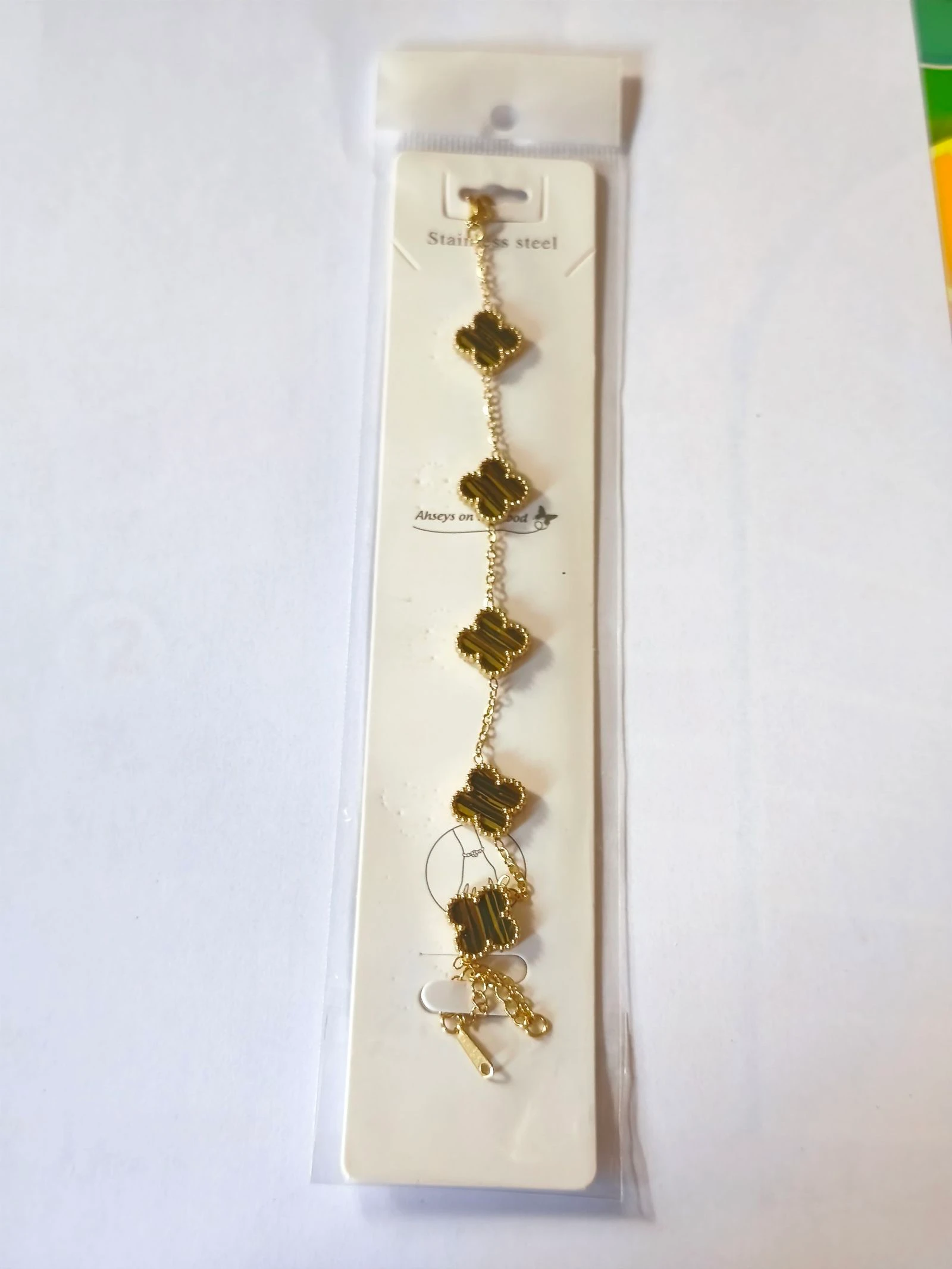 Conjunto de gargantila pulseira e brincos de trevo com corrente dourada de aço olho de tigre – photo 3
